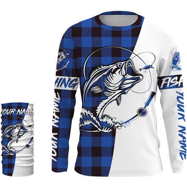 Custom Bass Fishing Blue Plaid Fishing Shirts, Fall Bass Fishing UV Long sleeve Fishing Shirts, Fishing Christmas gifts - IPHW1856