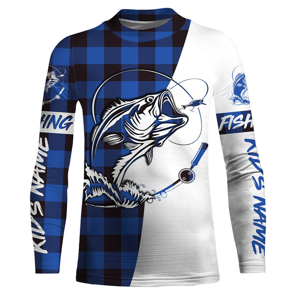 Custom Bass Fishing Blue Plaid Fishing Shirts, Fall Bass Fishing UV Long sleeve Fishing Shirts, Fishing Christmas gifts - IPHW1856