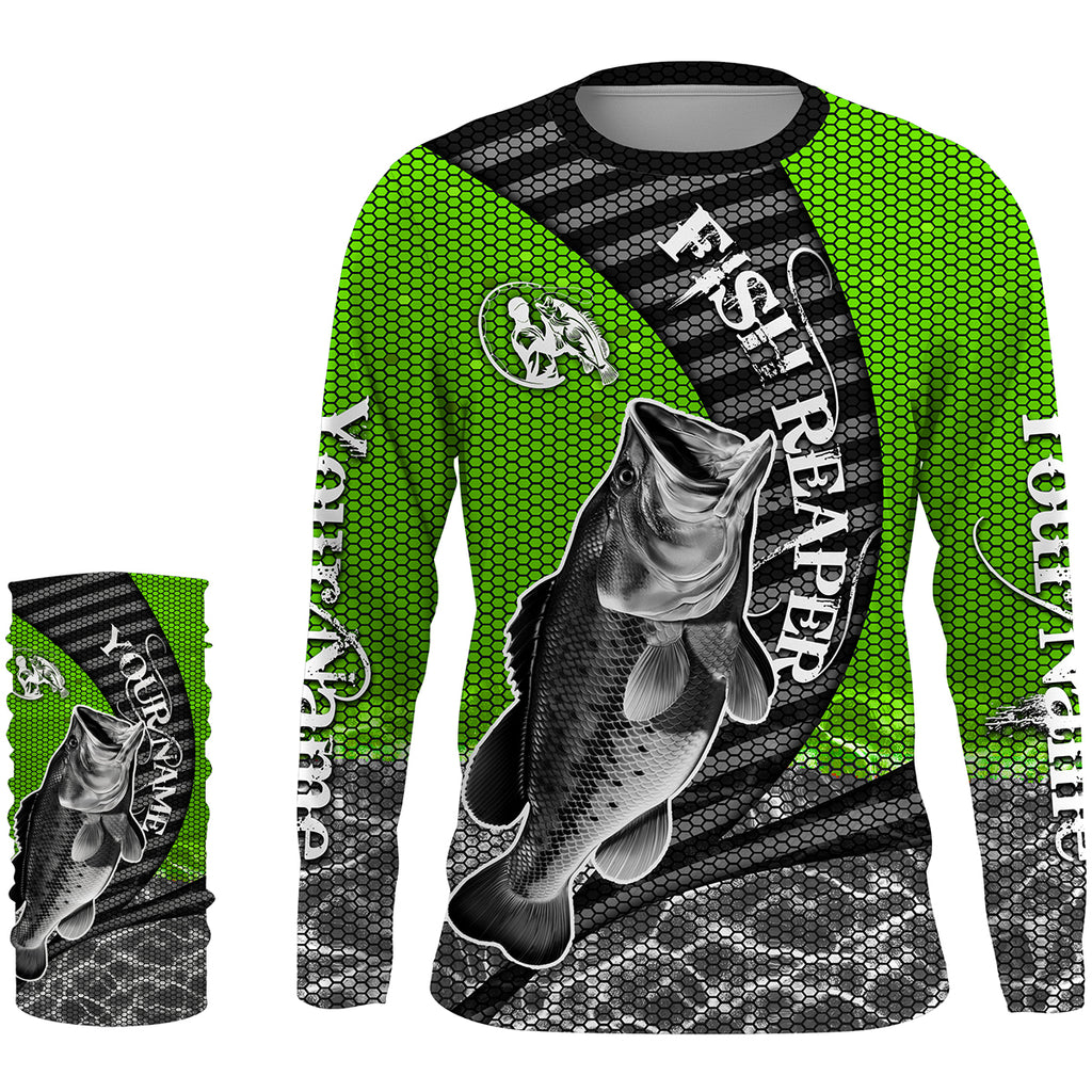 Myfihu Personalized Bass Fishing Jerseys, Bass Fishing Long Sleeve Fishing Tournament Shirts | Green IPHW1862, Long Sleeves UPF + Face Shield / S