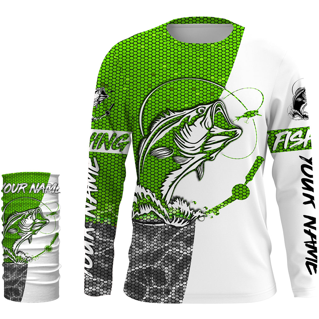 Personalized Bass Fishing Jerseys, Bass Fishing Long Sleeve Fishing Tournament Shirts | Green - IPHW1866, Long Sleeves UPF + Face Shield / 3XL