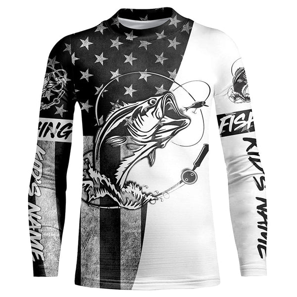 Black And White American Flag Bass Fishing Shirts, Personalized Patriotic Bass Fishing Jerseys IPHW4130
