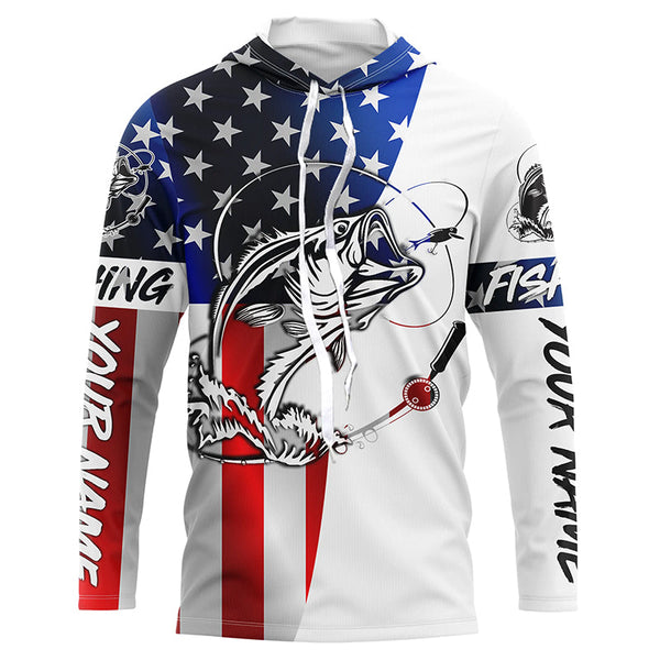 Bass Fishing American Flag Long Sleeve Fishing Shirts, Personalized Patriotic Bass Fishing Jerseys IPHW4131
