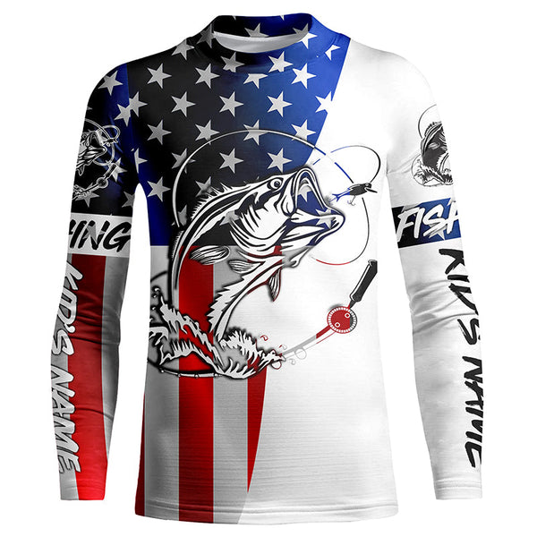 Bass Fishing American Flag Long Sleeve Fishing Shirts, Personalized Patriotic Bass Fishing Jerseys IPHW4131