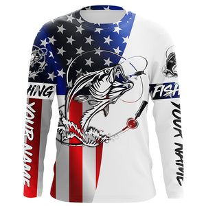 Bass Fishing American Flag Long Sleeve Fishing Shirts, Personalized Patriotic Bass Fishing Jerseys IPHW4131, Long Sleeves Hooded UPF / M