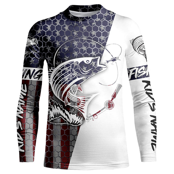 American Flag Striped Bass Custom Long Sleeve Fishing Shirts, Patriotic Striper Fishing Jerseys IPHW4140