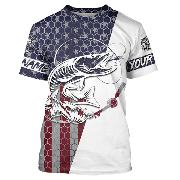 American Flag Musky Custom Long Sleeve Fishing Shirts, Personlized Patriotic Muskie Fishing Jerseys IPHW4144