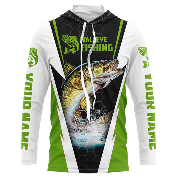 Custom Walleye Fishing Jerseys, Walleye Long Sleeve Tournament Fishing Shirts | Green IPHW5715