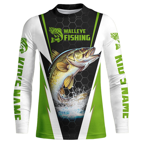 Custom Walleye Fishing Jerseys, Walleye Long Sleeve Tournament Fishing Shirts | Green IPHW5715