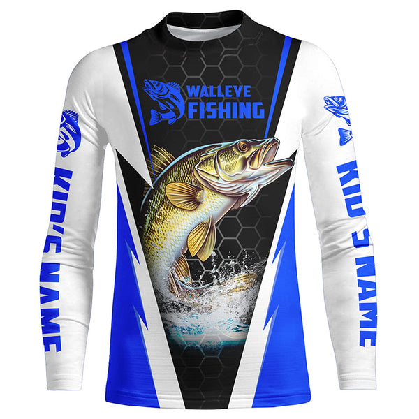 Custom Walleye Fishing Jerseys, Walleye Long Sleeve Tournament Fishing Shirts | Blue IPHW5716