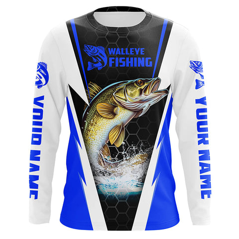 Custom Walleye Fishing Jerseys, Walleye Long Sleeve Tournament Fishing Shirts | Blue IPHW5716
