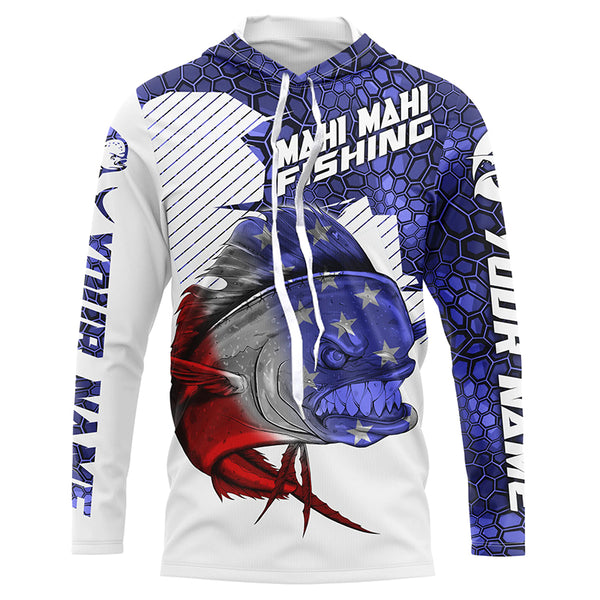 Angry Mahi Mahi American Flag Custom Long Sleeve Fishing Shirts, Mahi Mahi Fishing Jerseys IPHW4457