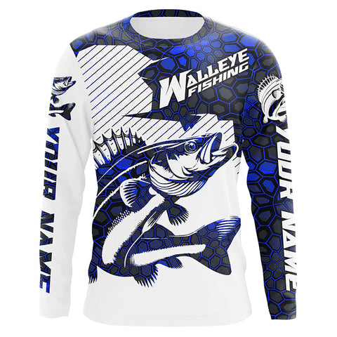Custom Walleye Fishing Jerseys, Walleye Fishing Long Sleeve Fishing Tournament Shirts | Blue Camo IPHW5731