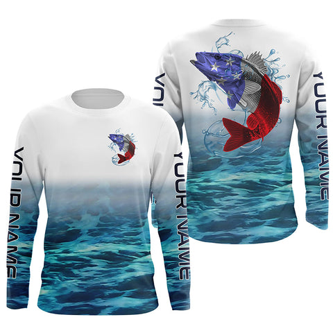 American Flag Walleye Long Sleeve Fishing Shirts, Custom Patriotic Walleye Tournament Fishing Shirts IPHW5735