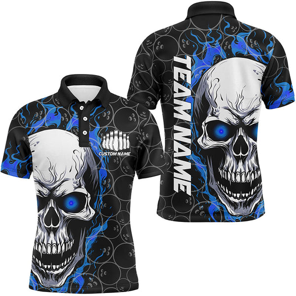 Personalized Skull Bowling Shirt For Men Custom Team'S Name Flame Bowler Jerseys | Blue IPHW5103