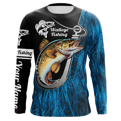 Fish Hook Walleye Fishing Custom Long Sleeve Tournament Fishing Shirts Fishing Jerseys | Blue Camo IPHW5736