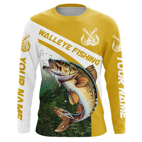 Walleye Fishing Custom Long Sleeve Fishing Shirts, Walleye Tournament Fishing Jerseys | Yellow IPHW5743