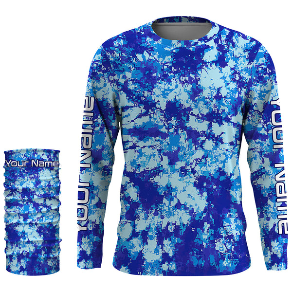 Custom Blue Tie dye camo UV Long Sleeve performance Fishing Shirts, personalized Fishing jerseys for men - IPHW1707