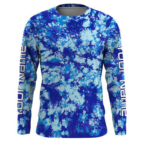 Custom Blue Tie dye camo UV Long Sleeve performance Fishing Shirts, personalized Fishing jerseys for men - IPHW1707