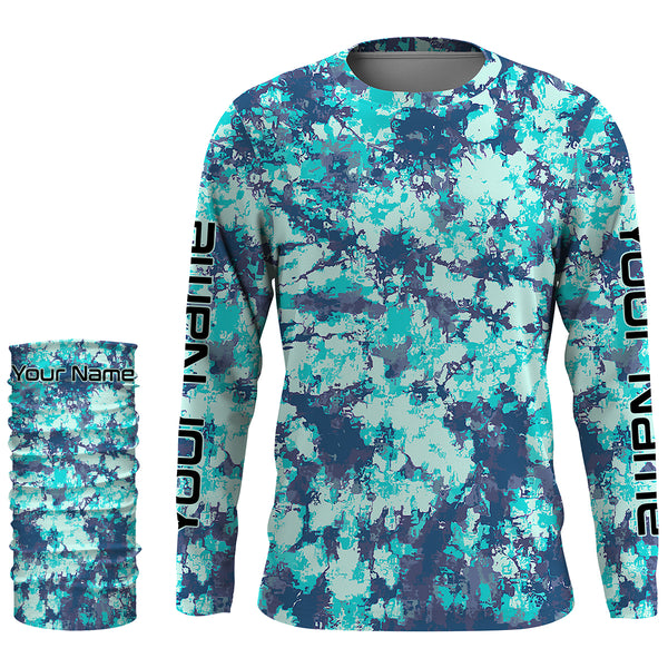 Custom Blue Tie dye camo UV Long Sleeve performance Fishing Shirts, personalized Fishing jerseys - IPHW1708