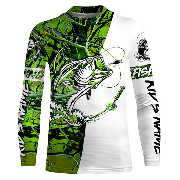 Largemouth Bass Custom Long sleeve performance Fishing Shirts, Bass Fishing jerseys | green camo IPHW3573