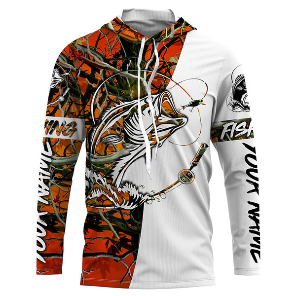 Bass Fishing Custom Long sleeve performance Fishing Shirts, Largemouth Bass Shirts | orange camo IPHW3575