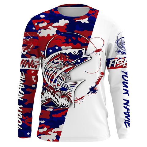 Custom Striped Bass Fishing Red, White And Blue camo Fishing Shirts, Patriotic Bass Fishing jerseys IPHW3200