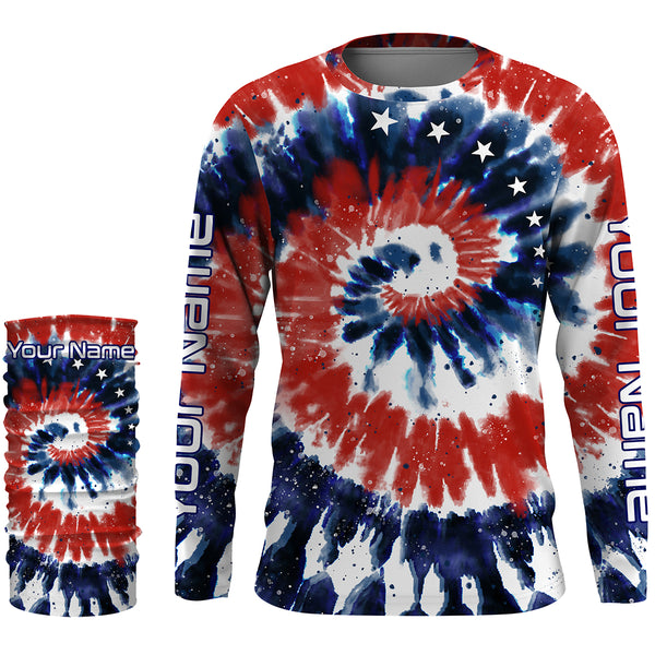 Red White and Blue American Tie dye Flag Custom UV Long Sleeve Fishing Shirts, Patriotic Fishing Shirts - IPHW1714