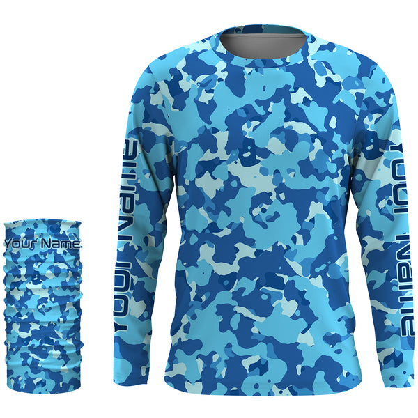 Blue camo Custom UV Long Sleeve performance Fishing Shirts, camouflage Fishing apparel - IPHW1729