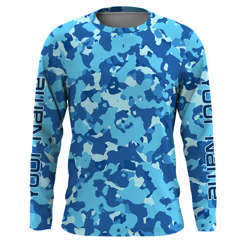 Blue camo Custom UV Long Sleeve performance Fishing Shirts, camouflage Fishing apparel - IPHW1729