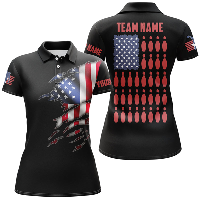 Custom Women's Bowling Shirts, Customizable American Flag Bowling Pin Polo Shirt For Team IPHW3808