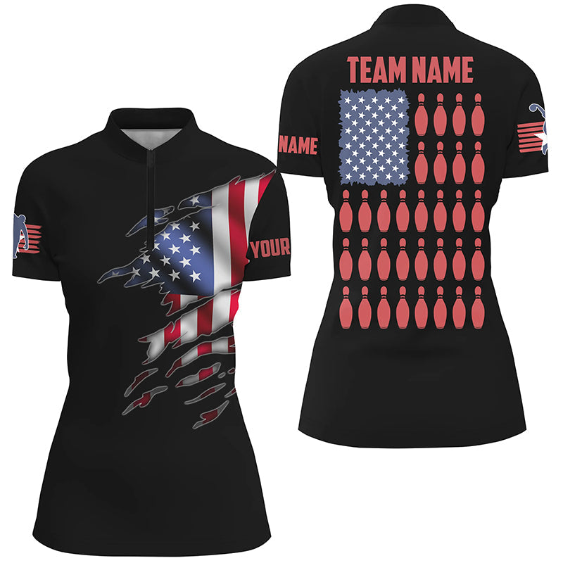 Custom Women's Bowling Shirts, Customizable American Flag Bowling Pin Quarter Zip Shirt For Team IPHW3808