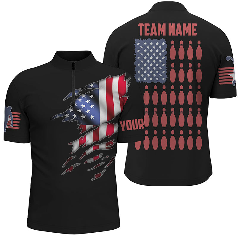 Quarter Zip Custom Mens Bowling Shirts, Customizable American Flag Bowling Pin Quarter Zip Shirt For Team IPHW3808