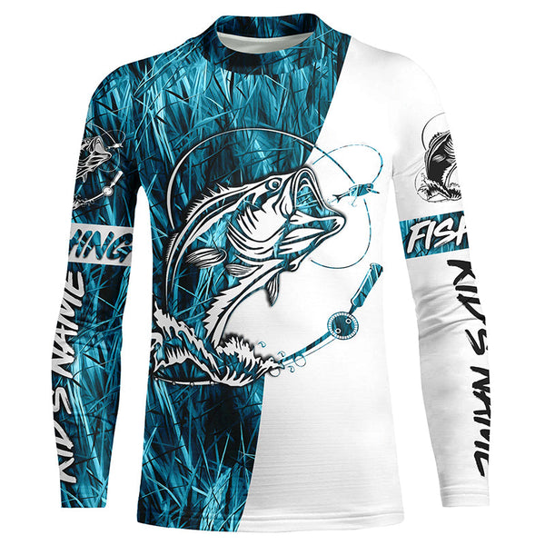 Custom Bass Fishing Tattoo Blue Camo Long Sleeve Tournament Fishing Shirts, Bass Fishing Jerseys IPHW5764