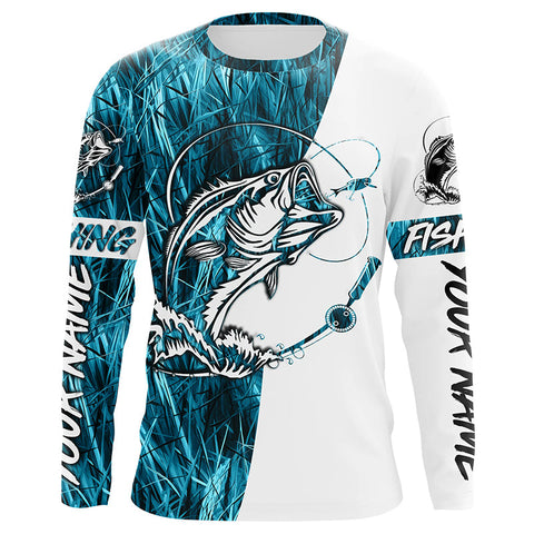 Custom Bass Fishing Tattoo Blue Camo Long Sleeve Tournament Fishing Shirts, Bass Fishing Jerseys IPHW5764