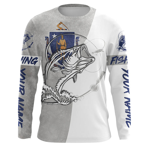 Custom Bass Fishing New Hampshire Flag Long Sleeve Fishing Shirts, NH Bass Fishing Jerseys IPHW3964