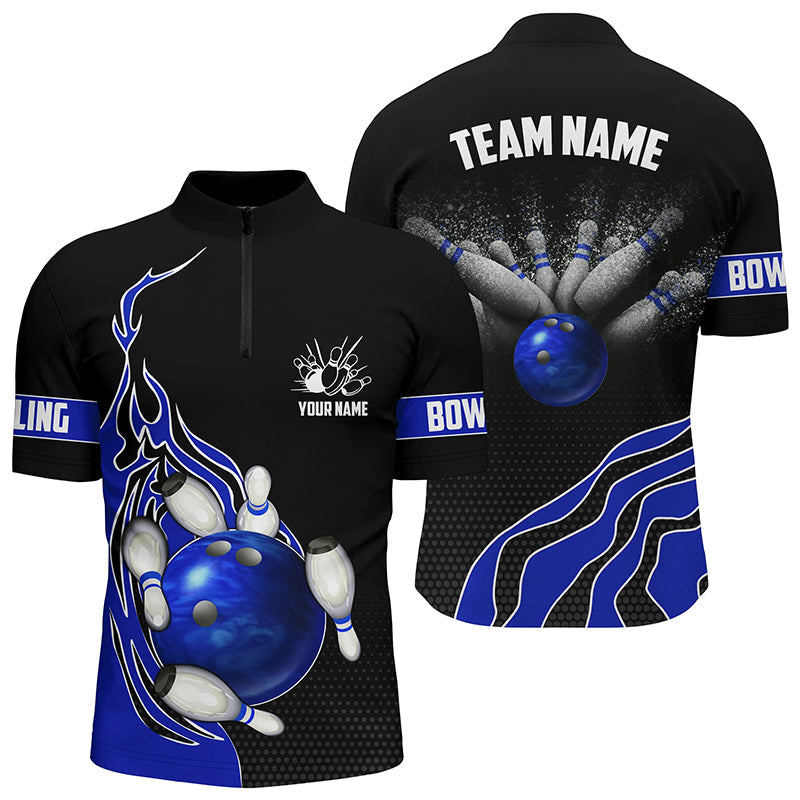 Blue Flame Bowling Polo Shirts For Men Bowling Ball, Custom Bowling Team Jerseys Bowler Outfits IPHW5217