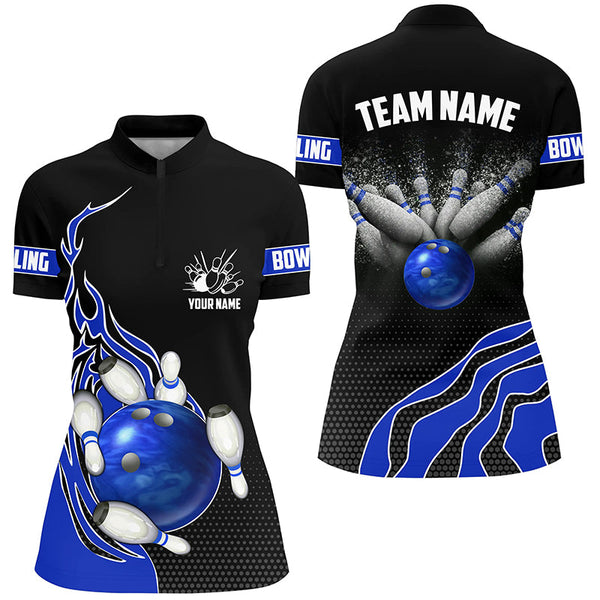 Blue Flame Bowling Polo Shirts For Women, Custom Bowling Team Jerseys Bowler Outfits IPHW5217