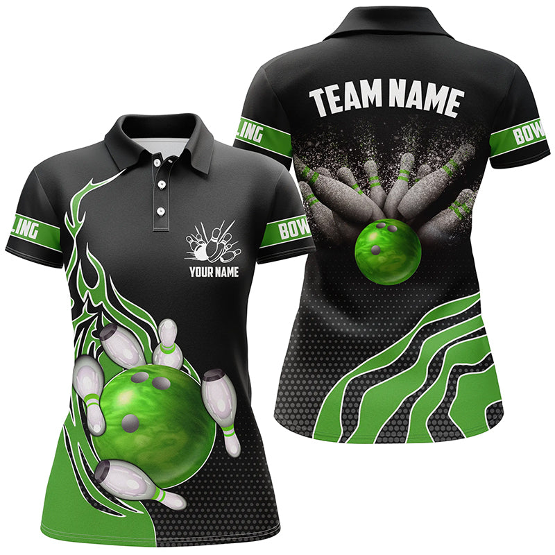 Green Flame Bowling Polo Shirts For Women, Custom Bowling Team Jerseys Bowler Outfits IPHW5218