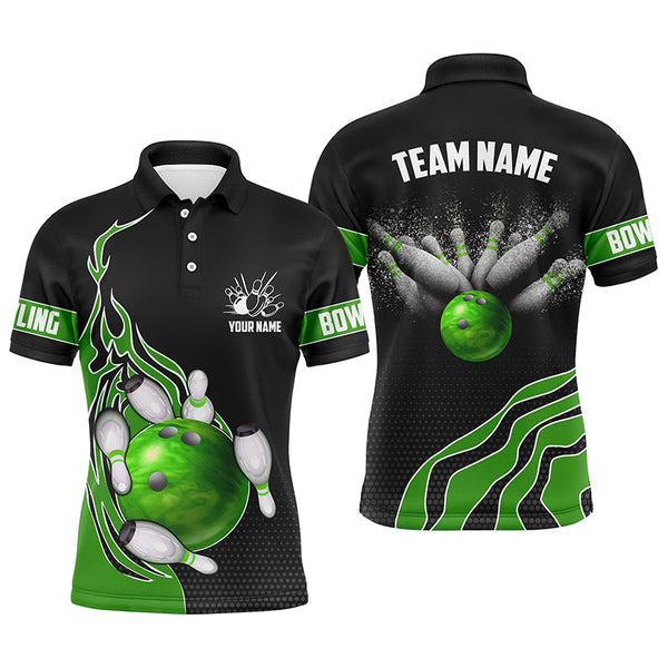 Green Flame Bowling Polo Shirts For Men Bowling Ball, Custom Bowling Team Jerseys Bowler Outfits IPHW5218