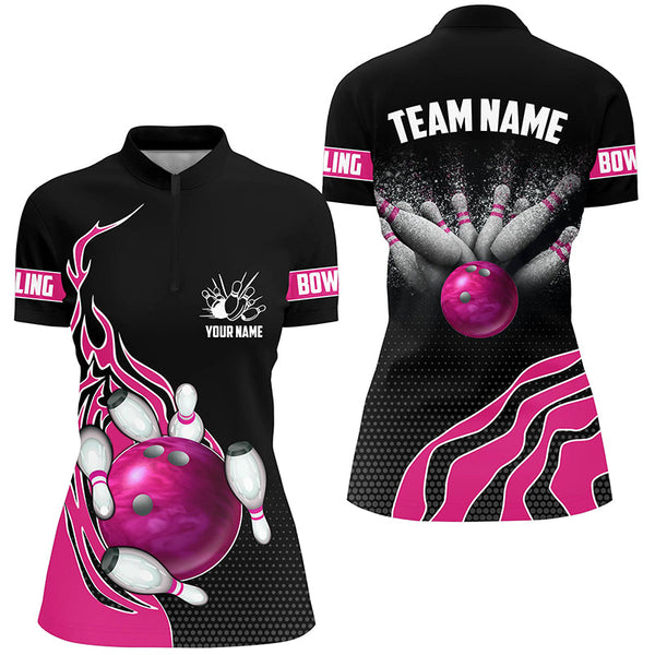 Pink Flame Bowling Polo Shirts For Women, Custom Bowling Team Jerseys Bowler Outfits IPHW5219