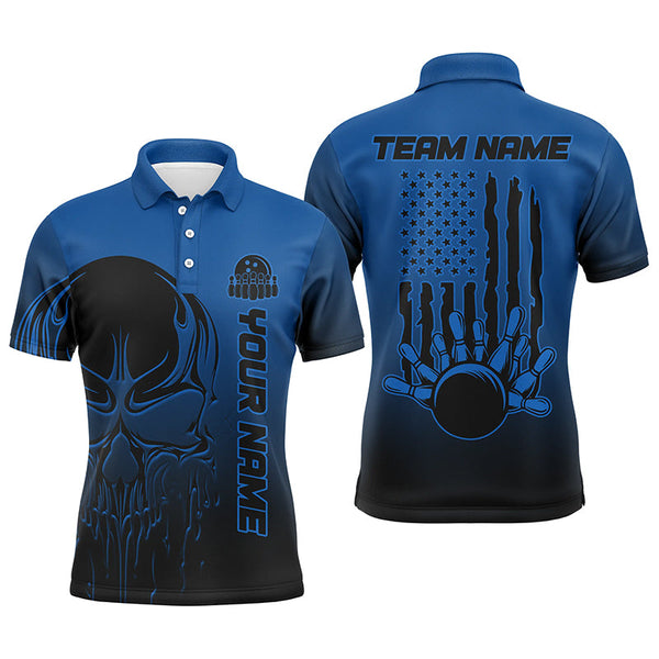 Black And Blue Skull Custom Unisex Bowling Team Shirts, American Flag Patriotic Bowling Outfits IPHW6057