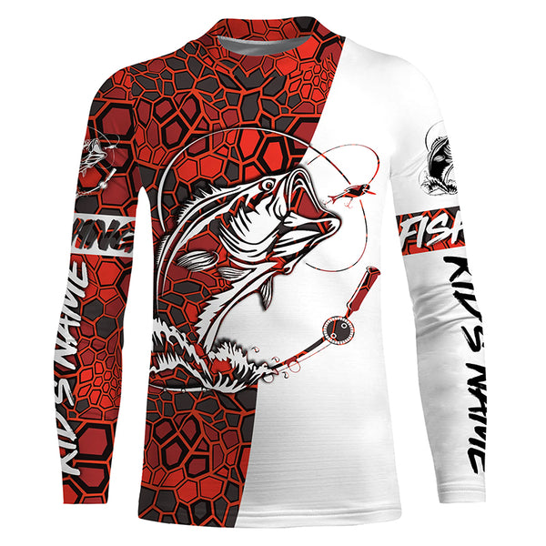 Largemouth Bass Fishing Custom Long Sleeve Shirts, Bass Tournament Fishing Jerseys | Red Camo IPHW3856