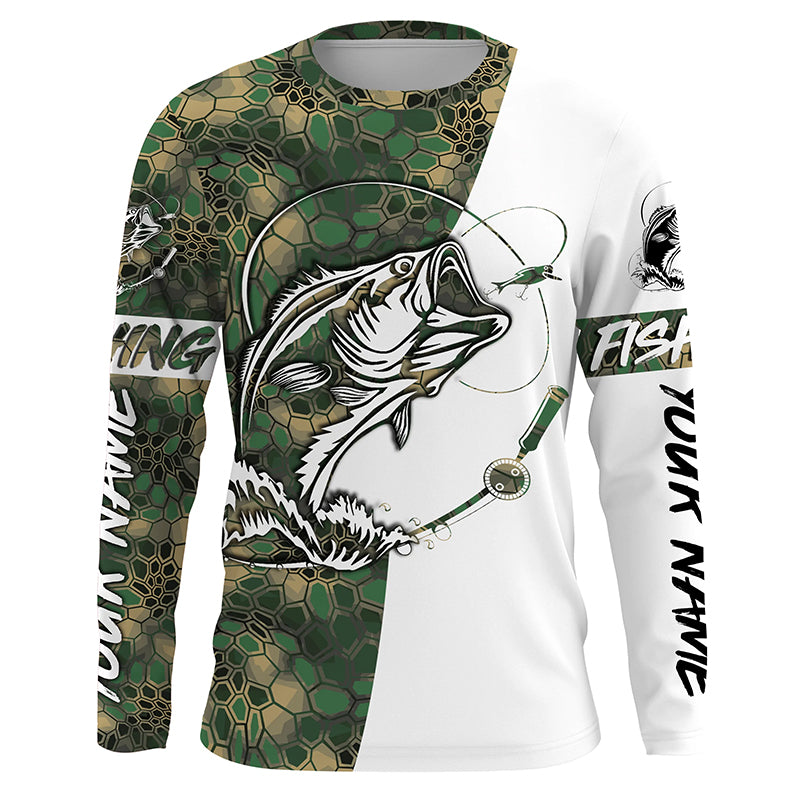 Largemouth Bass Fishing Custom Long Sleeve Shirts, Bass Tournament Fishing Jerseys | Green Camo IPHW3858