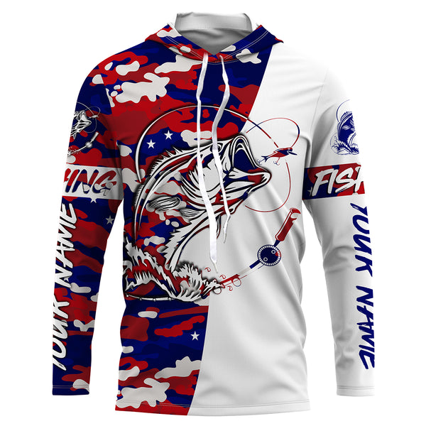 Personalized Bass Fishing Red, White And Blue camo Fishing Shirts, Patriotic Bass Fishing jerseys - IPHW1961