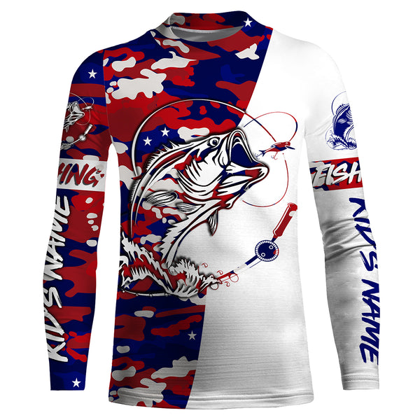 Personalized Bass Fishing Red, White And Blue camo Fishing Shirts, Patriotic Bass Fishing jerseys - IPHW1961