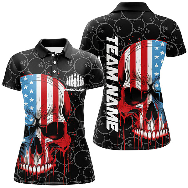 US Flag Skull Bowling Shirts For Women, Personalized Patriotic Bowling Jerseys IPHW5238