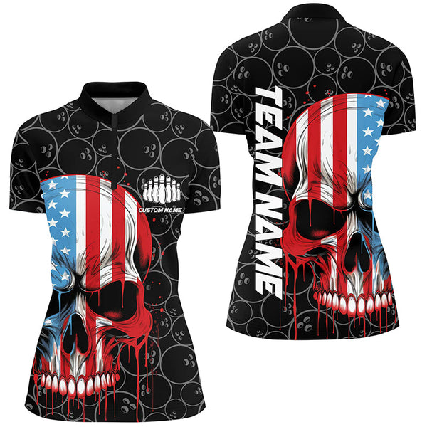 US Flag Skull Bowling Shirts For Women, Personalized Patriotic Bowling Jerseys IPHW5238