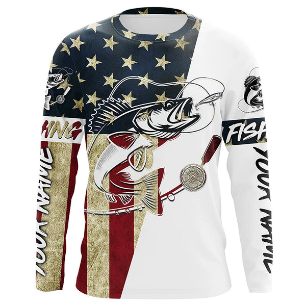 Walleye Fishing American Flag Custom Long Sleeve Fishing Shirts, Patriotic Fishing Gifts Uv Clothing IPHW6059