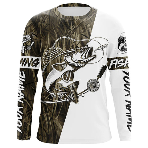 Walleye Fishing Grass Camo Custom Long Sleeve Fishing Shirts, Walleye Tournament Fishing Jerseys IPHW6060
