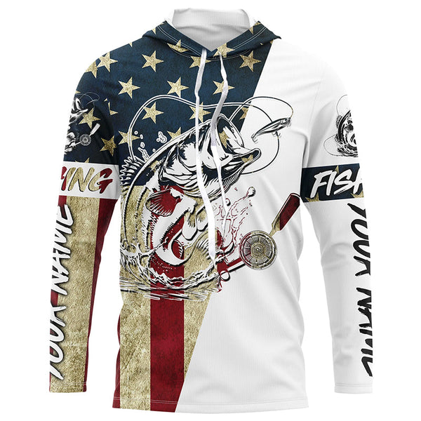 Personalized Vintage American Flag Bass Fishing Long Sleeve Shirts, Patriotic Bass Fishing Jerseys IPHW6063